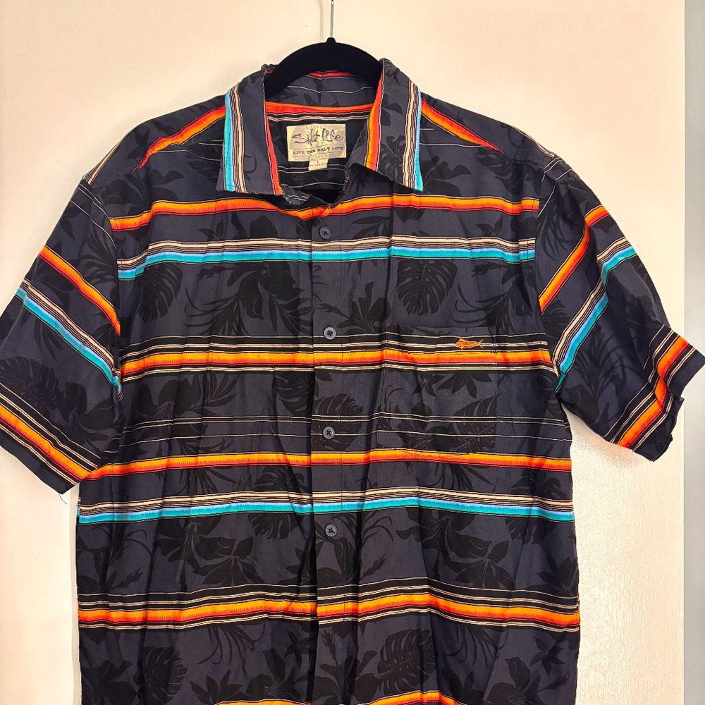 Salt Life Short Sleeves Button Up Shirt Blue Hawaiian Orange floral Stripes L